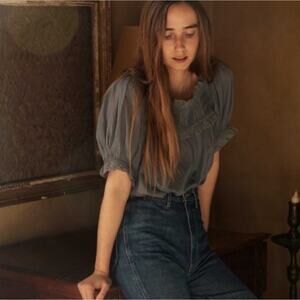 Doen Blue Puff Sleeve Ruffled Blouse